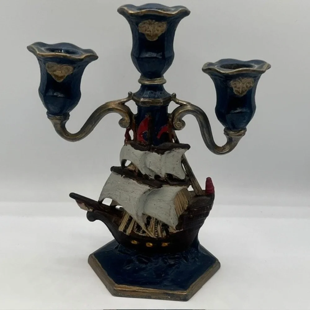 Vintage Nautical Sailing Ship Cast Metal Candelabra 3Arm Candle Holder Blue Gold
